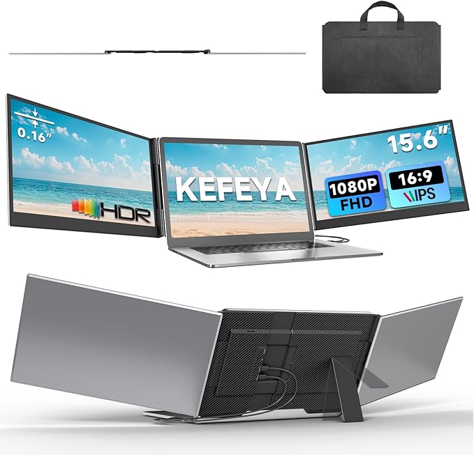 KEFEYA Laptop Screen Extender 15.6 1080P FHD IPS Ultra-Slim Triple Portable Monitor for Laptop 12-17.3 Eyes Care HDR Travel Monitor USB-C/HDMI Plug-Play Monitor Extender for macOS/Win and Phone
