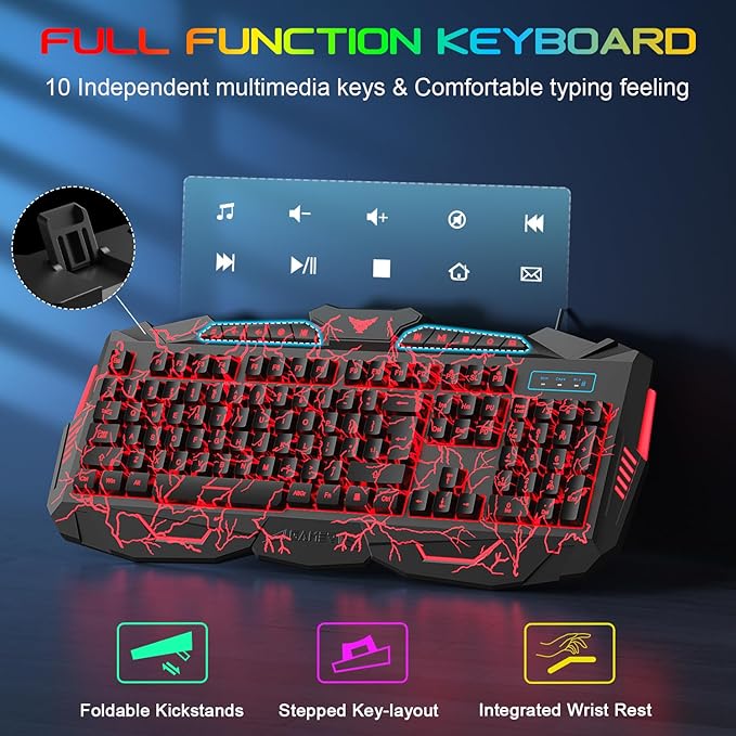 BlueFinger Gaming Keyboard Mouse Headset Combo USB Wired Crack Backlit114 Keys Letters Glow LED Keyboard Red LED Light Headset for Laptop PC Computer Work and Game