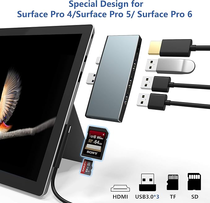 Surface Pro 6/ Pro 5/ Pro 4 Docking Station USB Hub Surface Pro Docking Station with 4K HDMI 3X USB3.0 Ports SD/TF Card Reader Accessories for Microsoft Surface Pro 4/5/6