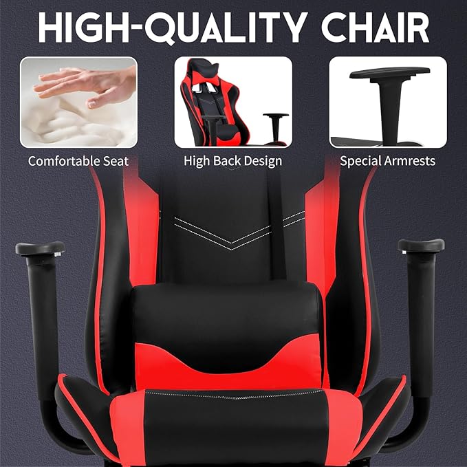 BLKMTY Massage Gaming Chair with Footrest Ergonomic Office Chair Racing Computer Chairs PU Leather with High Back Lumbar Support Headrest Reclining Chairs Red