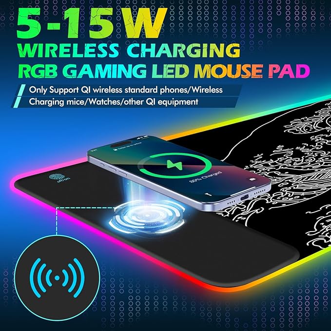 ToLuLu RGB Wireless Charging Gaming Mouse Pad 7.5/10/15W 10 Light Modes LED Mouse Pad Computer Keyboard Mat Mousepad 800x300x4MM Extended Large Desk Pad Mat Japanese Kanagawa Sea Wave Black White