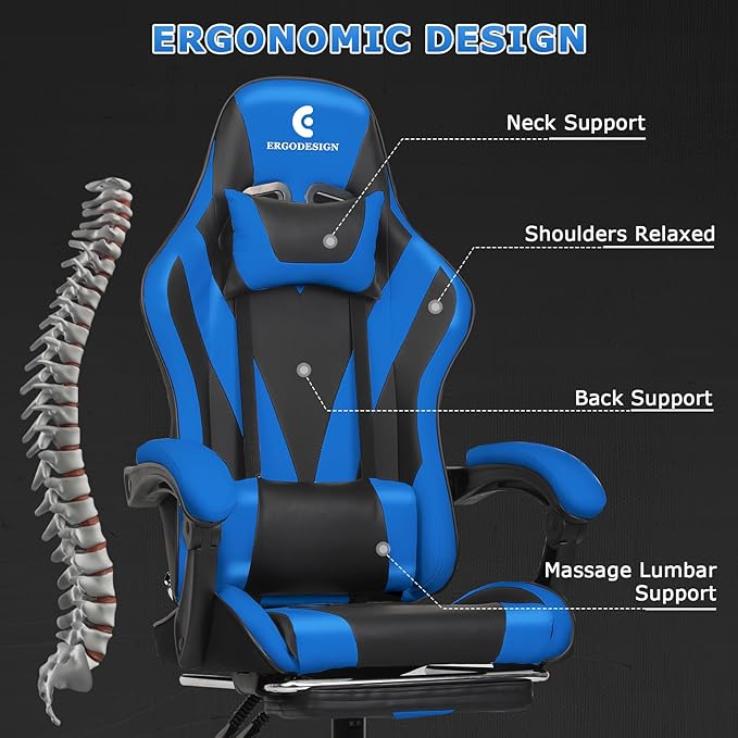 Gaming Chair with Linkage Armrest &amp Footrest High Back Video Gaming Chair Black/Blue
