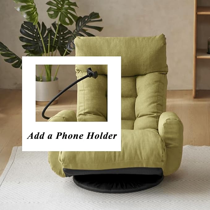 Swivel Gaming Floor Chair with Phone Holder &amp Arm Comfy Reading Chair with Side Pocket for Adults Upholstered Floor Chair with Adjustable Back for Bedroom Living Room (Green)