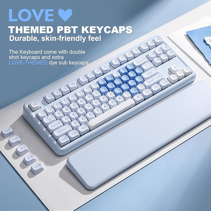 YUNZII B87 Wireless Mechanical KeyboardQMK/VIA ProgrammableTKL Layout 87 KeysBT/2.4G/USB-CHot Swap Gasket Mount RGB Backlit Gaming with Wrist Rest for Win/Mac (Blue Heart Cocoa Cream V2)