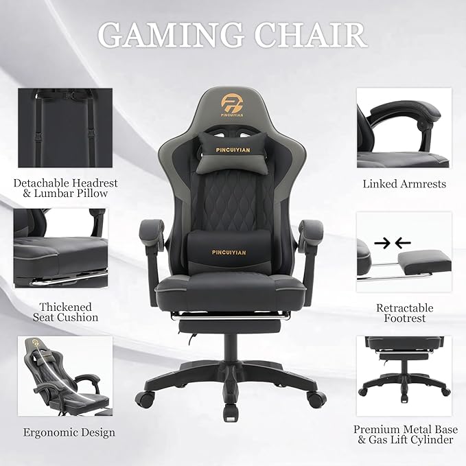 Ergonomic Gaming Chair with Footrest and Lumbar Support High Back Reclining PU Leather Computer Chair with Headrest and Linkage Armrests Swivel Height Adjustable Office Gamer Chair for Adults (Gray)