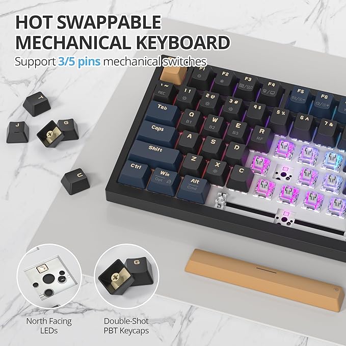 75% Wireless Creamy Mechanical Keyboard Hot Swappable Custom Keyboard RGB Backlit Gasket Gaming Keyboard 2.4G/BT5.0/USB-C Mechanical Gaming Keyboard Pre-lubed Linear Gray Cream Switches