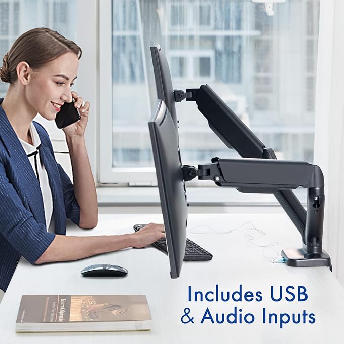 Dual Spring LCD Monitor Arms with USB and Multimedia Ports for: HP VH240a 23.8-Inch Full HD 1080p IPS LED Monitor with Built-in Speakers (1KL30AA) - Black