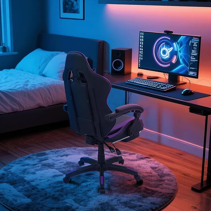 Gaming Chair Ergonomic Computer Chairs with Arms Lumbar Support Footrest Headrest 360°Swivel Chair Adjustable Back and Height Leather PC Chairs for Gaming Study Office Black/Purple