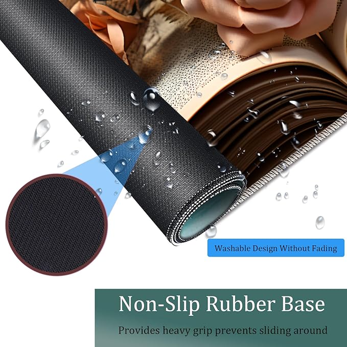 Large Game Mouse Pad + Wrist Support Pad + Coffee Coaster Desk Pad with Sewn Edges Anti-Slip Set pad Suitable for Office Work and Home - Flower Book