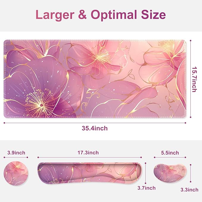 Desk Mat Pad Gaming Mouse Pad Wrist Support Set 4 in1 Non-Slip Large Mousepad + Ergonomic Keyboard Wrist Rest+Mouse Wrist Rest+Coaster for Home Office Computer I Pink Purple Gold Floral