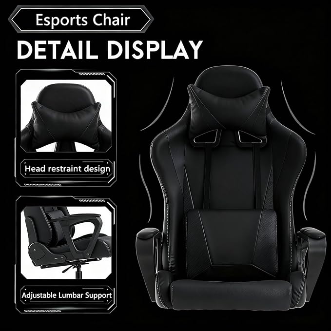 Black Gaming Chair | Ergonomic High Back Desk Chair Racing Style with Lumbar Support Headrest &amp Arms - Heavy Duty Swivel Computer Chair for Office
