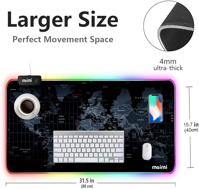Extended RGB Gaming Mouse Pad Extra Large Gaming Mouse Mat for Gamer Waterproof Office Desktop Mat with 10 Lighting Mode for PC Computer RGB Keyboard Mouse - 31.5'' x 15 x 4mm(Map)