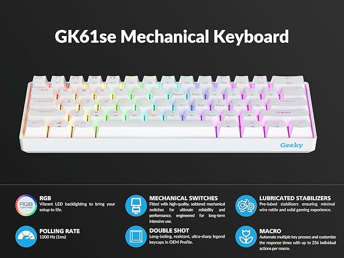 Geeky GK61 SE 60% | Mechanical Gaming Keyboard | 61 Keys Multi Color RGB LED Backlit for PC/Mac Gamer | ANSI US American Layout (White Mechanical Blue)