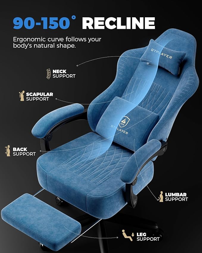 GTPLAYER Big and Tall Gaming Chair with Footrest Extra Wide Seat Video Game Chairs for Adults - Padded High Back Ergonomic Reclining Silla Gamer Linkage Armrest Ace Pro Blue【Velvet】 (Oversized)