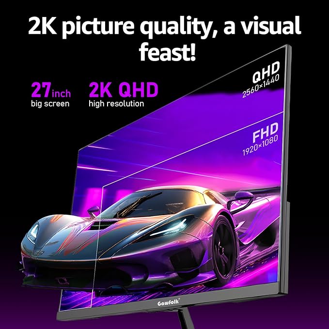 Gawfolk Gaming Monitor 27 inch QHD IPS PC Screen 120Hz 2K (2560×1440P) Ultra-Thin Zero Frame Computer Display for Home Office Business DP HDMI Wall-Mounted