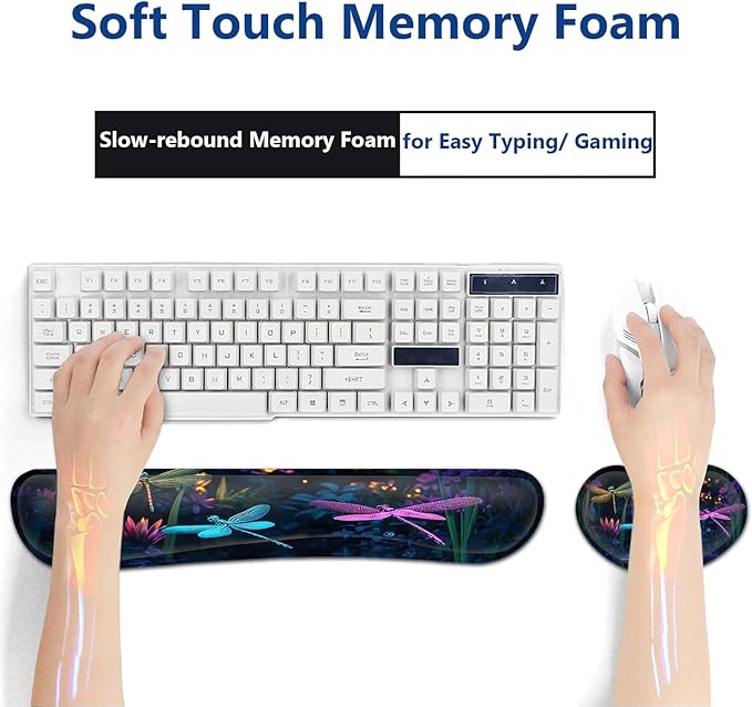 Large Mouse Pad + Keyboard Wrist Rest Set Extended Gaming Mousepad (31.5X11.8 inch) with Non-Slip Rubber Ergonomics Memory Foam Mouse Wrist Rest Support Dragonfly Colorful XXL Desk Pad