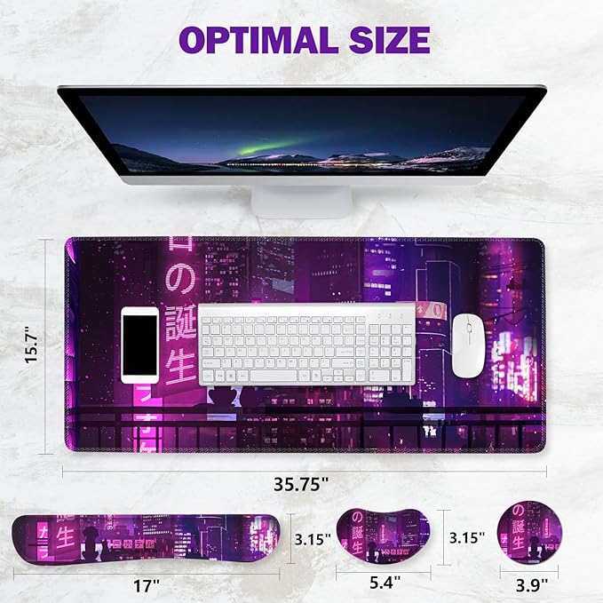 ToLuLu Extended Gaming Mouse Pad Memory Foam Ergonomic Keyboard Mouse Wrist Rest Support Set Large Desk Mat with Stitched Edges Non-Slip Base Mousepad for Home Office Neno City Anime Japanese