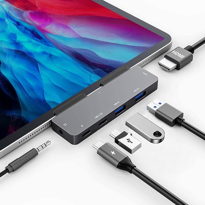 iPad Pro USB C Hub Adapter with 4K HDMI3.5mm Jack2 x USB3.0PD 60WUSB C DataSD/TF Card Slot6in1 Adapter for M4 M2 M1 iPad Pro 11 12.9 2025-2018iPad Air/Mini