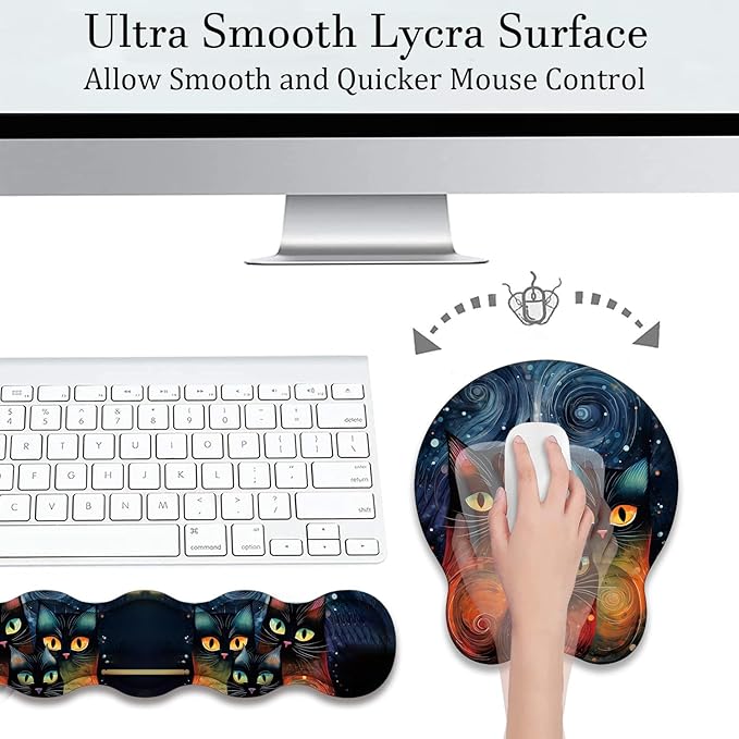 Mouse Wrist Rest and Keyboard Wrist Rest Pad+ Coaster Set Non-Slip Rubber Base Smooth Surface Ergonomic Gaming Mouse Pad for Easy Typing and Pain Relief Moon Cat