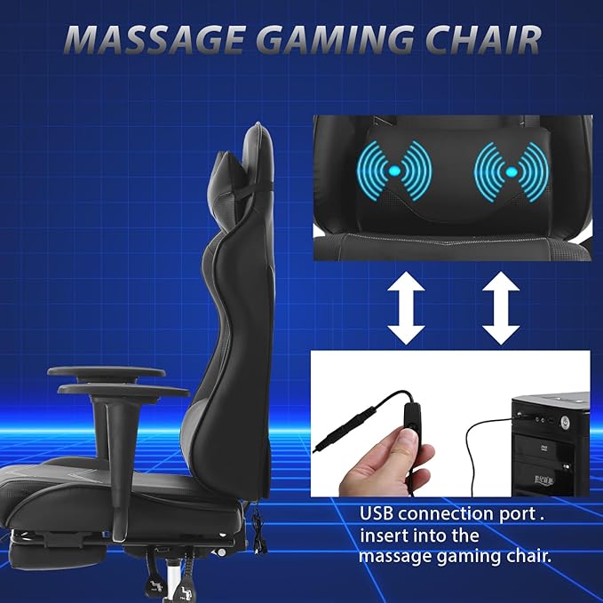 PayLessHere Racing Gaming Chair Office Massage Chair Ergonomic Recliner with Computer Desk PU Leather Lumbar Support Footrest Rolling Swivel and Task Function Ultimate Comfort for Adults (Black)