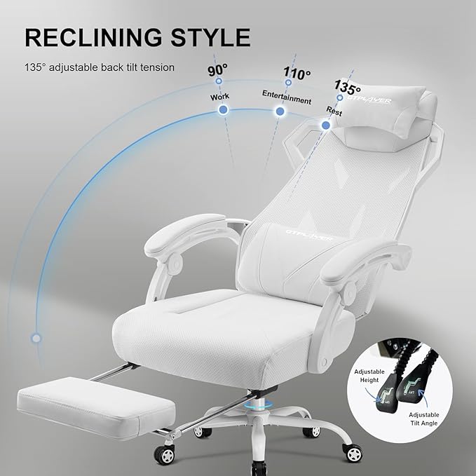 GTPLAYER Gaming Chair Computer Chair with Mesh Back Ergonomic Game Chair with Footrest Reclining Game Chair with Adjustable Headrest and Lumbar Support for Gaming and Office (White)