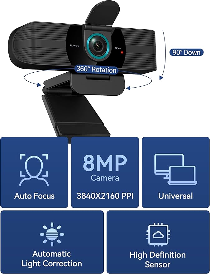 RUWBY Webcam with Built-in Microphone and Rotatable Tripod 1080P Video and Wide Angle Camera Privacy Cover (4K | 30fps | Type-C Cable | Detachable Tripod)