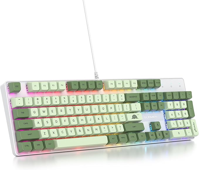 surmen Sage Green Mechanical Gaming Keyboard– 104 Key Full Size Wired Keyboard with Number Pad Thocky &amp Creamy Sound RGB Backlit Anti-Ghosting – Quiet Red Switch for PC Gamers &amp Typists (104