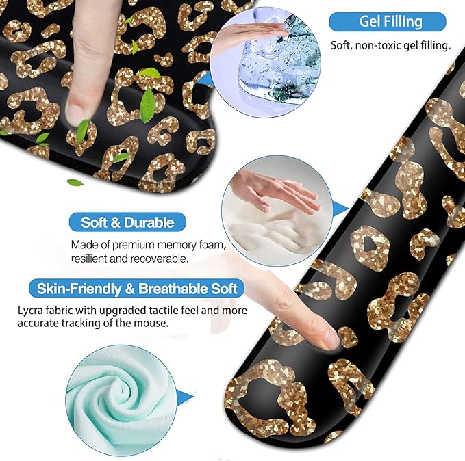 Ergonomic Black Mouse Pad Wrist Support and Memory Foam Keyboard Wrist Rest SetGel Mouse Mat with Non-Slip PU BaseKeyboard Palm Rest for Home Office Wireless Gaming Desk Pad Gold Glitter Leopard