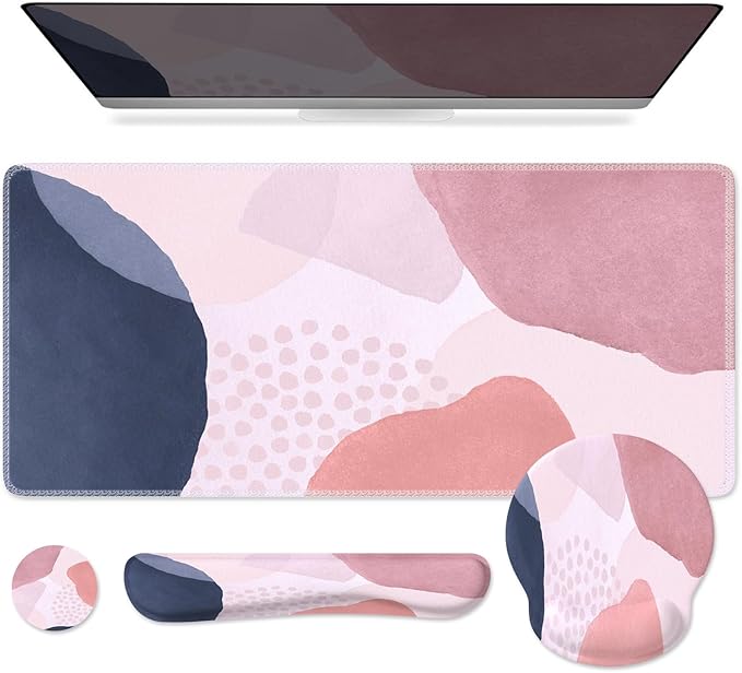 iCasso Desk Mat Gaming Mouse Pad Wrist Support Set XXL Large Mousepad + Keyboard Wrist Rest+Mouse Wrist Rest+Coastert with Ergonomic Design for Home Office Computer (C-Four-Pink-Block)