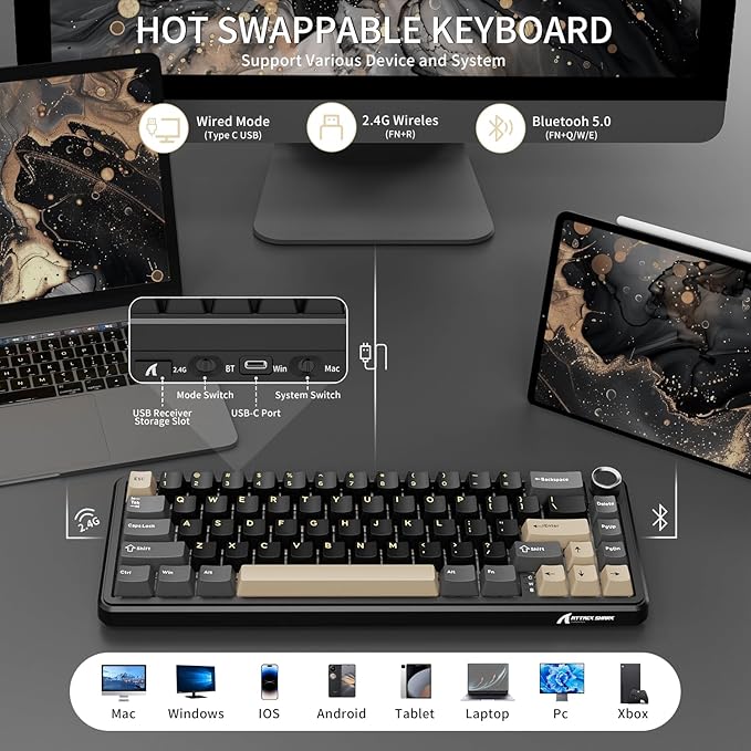 ATTACK SHARK X66 Wireless Mechanical Gaming Keyboard with KnobTri Mode USB-C/BT5.0/2.4G Gasket Mounted 60% RGB Gaming Keyboard 66KeysPBT Keycap Hot Swappable Custom Strawberry Switch(Star Black)