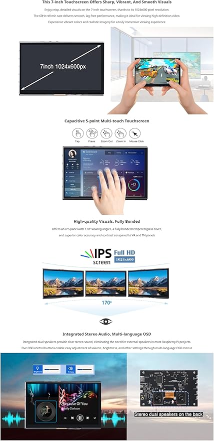 7inch HDMI Display TFT Capacitive Touchscreen 1024×600 Resolution Compatible with Raspberry Pi Jetson Nano Windows 5-Point Multi-Touch Stereo Speakers Audio Jack &amp OSD Controls