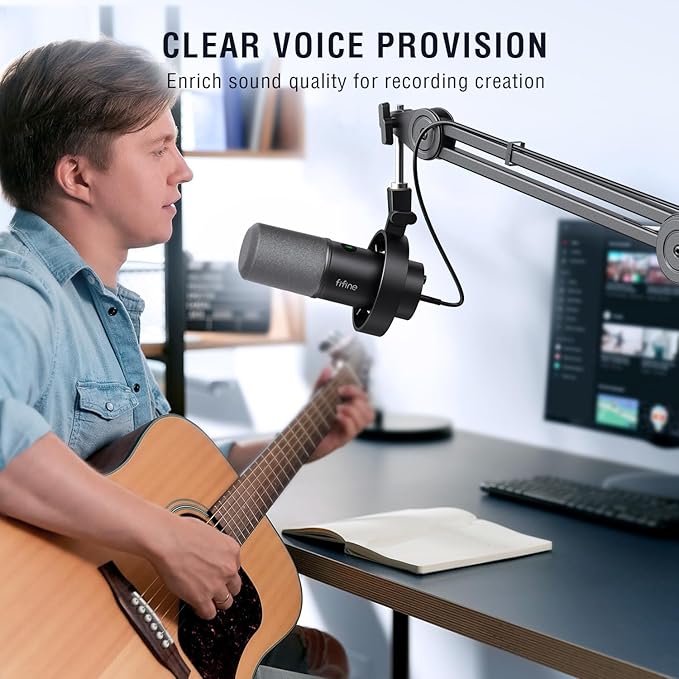FIFINE Dynamic Podcast Microphone Set with Boom Arm Stand Studio XLR/USB Microphone for Recording Vocal Streaming Metal Mic with Mute Tap Headphone Jack Heavy Duty Boom Arm-K688T