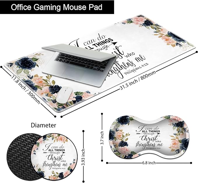3-in-1 Large Mouse Pad Gaming Set (31.5 x 11.8 inch)+ Wrist Rest Pad + Coaster Memory Foam Gel Wrist Rest Pad for Pain Relief Stitched Edges Non-Slip Table Mat Bible Phil 4-13 Floral