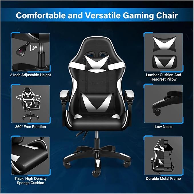 Managerial Chairs Height Adjustable Swivel Recliner Racing Office Computer Ergonomic Video Game Esports Chair W/Headrest&ampLumbar Pillow(Black)