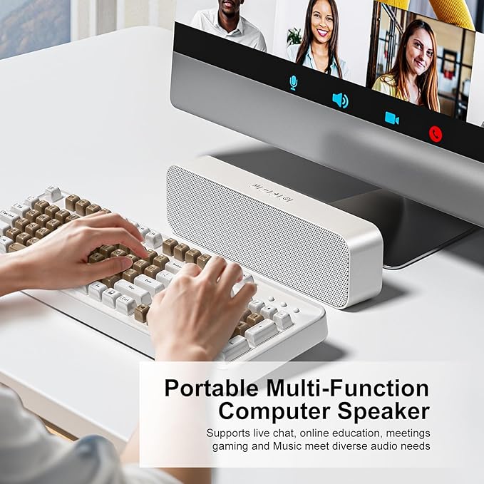 Computer Speaker for DesktopRechargeable PC SpeakerSmall Computer Soundbar with Stereo &amp Bass3.5mm Aux-inBluetoothTF PortLoud Volume for Web ConferencesTeacherMusic (White)