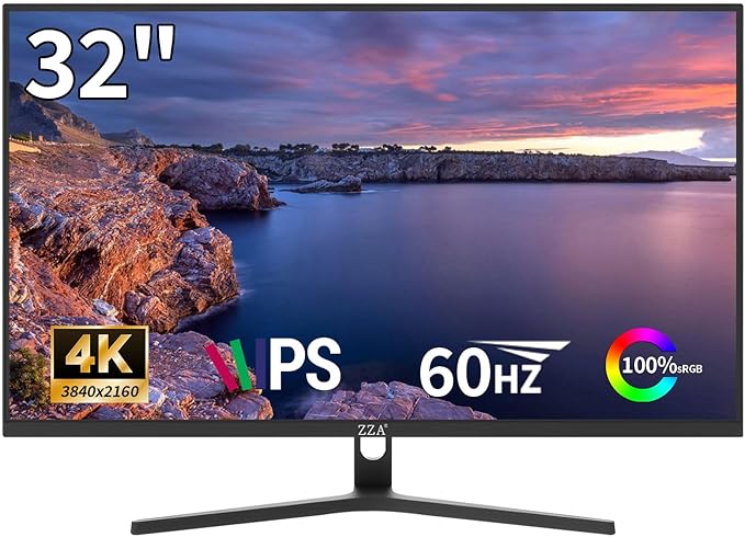 ZZA 32 Inch Computer Monitor 4K UHD Ultra-Clear (3840×2160p) IPS Screen 100% sRGBHDR10178° Viewing Angle Display Port/HDMI Compatible with Wall mounting 100 * 100MM
