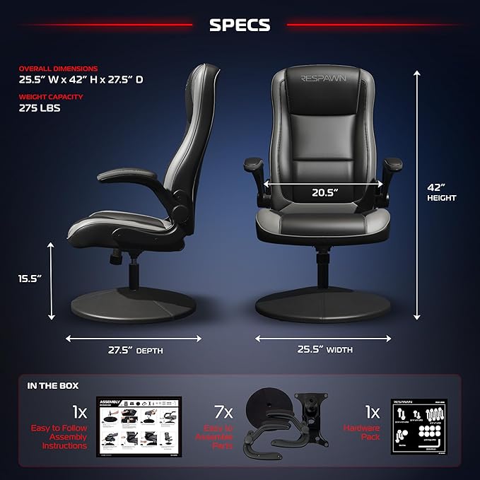 RESPAWN 800 Swivel Rocker Gaming Chair - Ergonomic Floor Gaming Seat with Lumbar Support Flip Up Armrest High Back Pedestal Base Comfortable No Wheels Console Video Game Rocker Chair - Gray