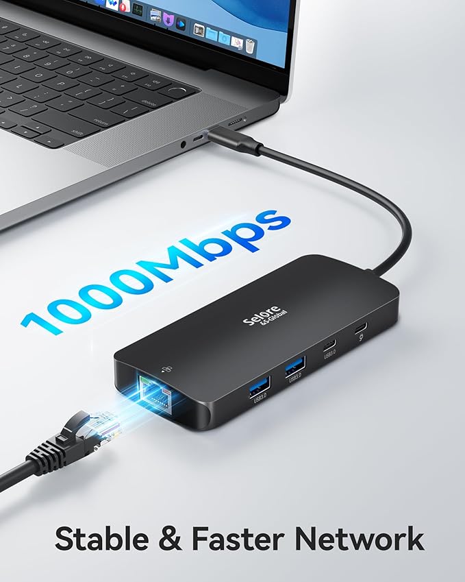 USB C Docking Station Dual Monitor Selore Docking Station 3 Monitors Triple 4K Display with 2 HDMI DisplayPort 1 Gbps Ethernet 100W PD Charging USB 3.0 Ports Adapter for Dell HP etc(Black)