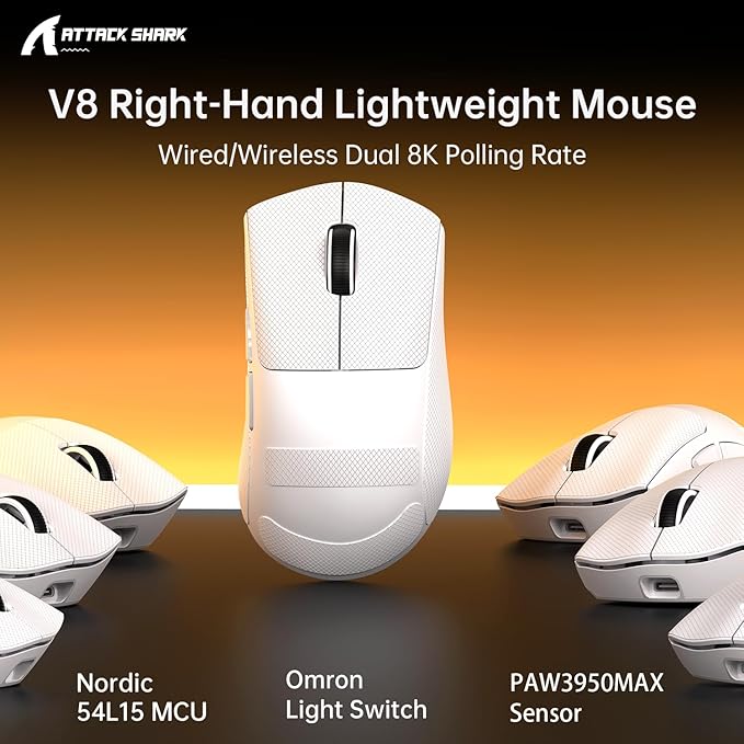 ATTACK SHARK V8 Wireless Gaming Mouse 59g Lightweight BT/2.4G Wireless/Wired Mouse PixArt PAW3950MAX Gaming Sensor 8K Polling42000 DPICoiled CableTapeOffice Mice for PC/Win/Mac(White)