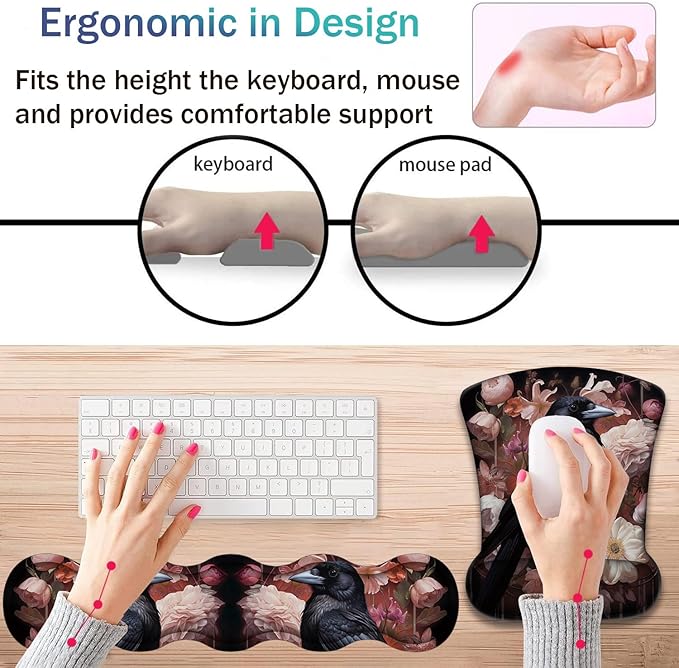 Ergonomic Keyboard Wrist Support Pad and Wrist Support Mouse Pad Anti-Slip with Gel Memory Mouse Pad Set Suitable for Office Use/Home Use - Magpie Peony Bird Flowers
