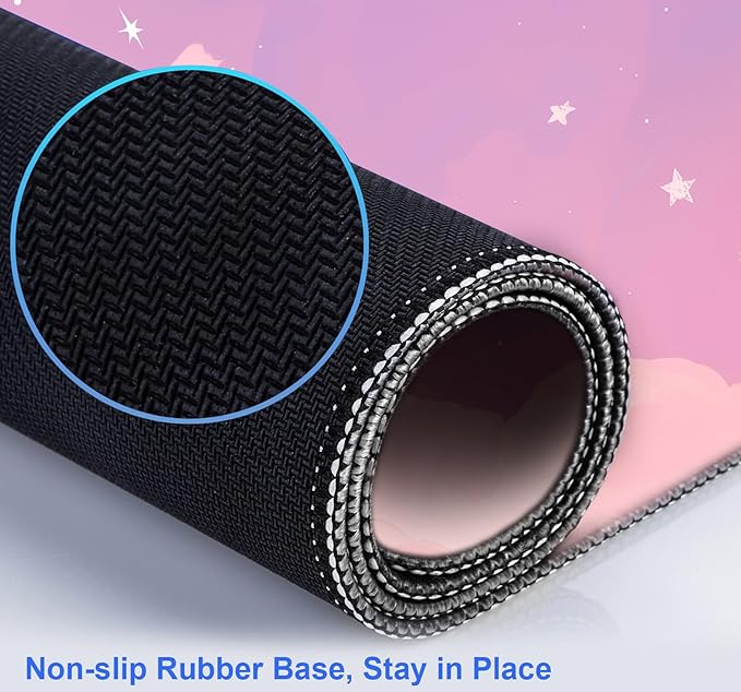 Cute Anime Cloud Desk Mat Beautiful Pink Stitching Edge Non Slip Rubber Mouse Pad Suitable for Female and Girl Office Decoration 35.4 x 15.7 x 0.12 Inches