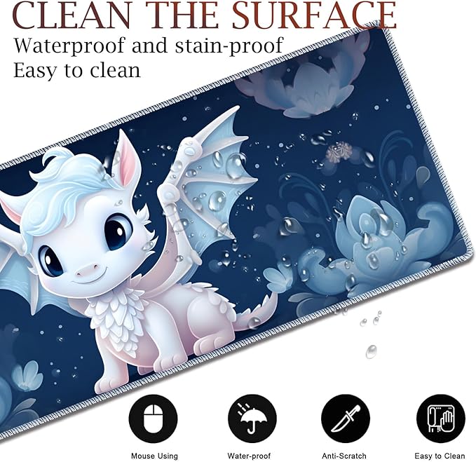 Large Gaming Table Pad 31.5 x 11.8 + Keyboard Wrist Pad + Mouse Wrist Pad + Coaster Non-Slip Base 4-in-1 Set Ergonomic Memory Foam Easy Typing Pain Relief Cute Little White Dragon