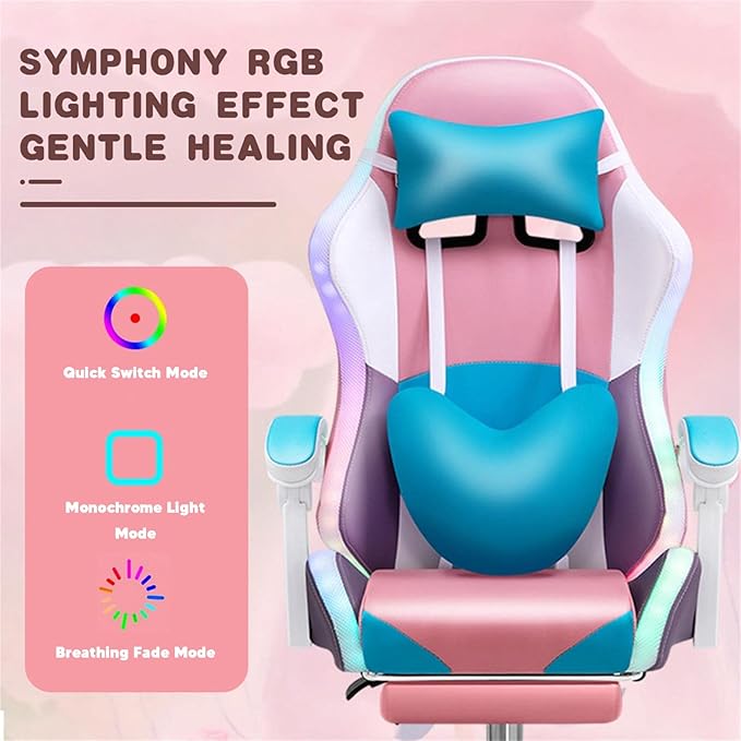Girls Gaming Chair with Footrest Leather Video Game Chairs with Speakers and RGB Lights High Back Computer Chair with Lumbar Support and Headrest Cute Recliner Chair Office ChairPink