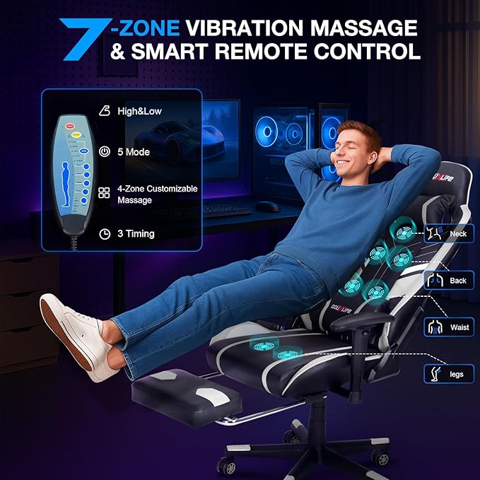 Douxlife 7-Point Massage Gaming Chair with Footrest 400lbs Heavy Duty Ergonomic Computer Chair 175° Reclining High Back Racing Seat for Adults with Adjustable Armrests &amp Lumbar Support White