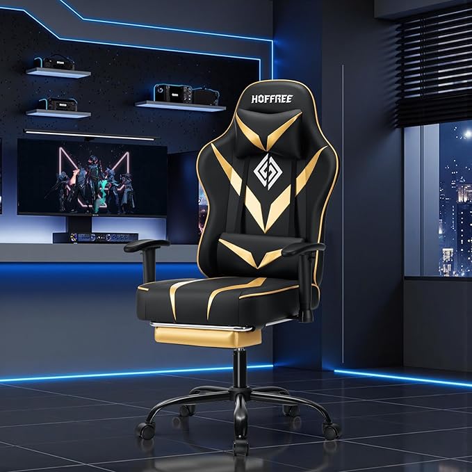 HOFFREE Massage Gaming Chair with Pocket Spring Cushion 155° Reclining Computer Gamer Chair with Footrest and Adjustable Armrests Ergonomic Video Game Chairs Gold and Black