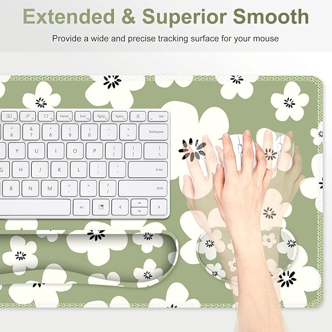 Large Gaming Mouse Pad Set 4 in1 Ergonomics Keyboard Desk Mat w/Memory Foam Wrist Rest Computer Extended Game Mousepad Non-Slip Desk Matt Pad Easy Typing Pain Relief I Green Lucky Florals