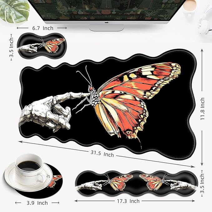 Desk Mat Mouse Pad with Wrist Rest 4-in-1 Large Mouse Pads for Desk Ergonomic Mouse Pad and Keyboard Wrist Rest Gaming Keyboard Mat for OfficeSkeleton Hand and Butterfly