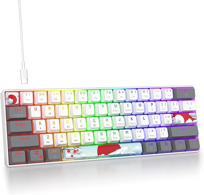 60% Mechanical Keyboard 61-Key Wired Gaming Keyboard with Red Switch RGB Lighting Effect PBT Keycaps Ultra-Compact Mini Keyboard Suitable for Win/Mac(61 White)