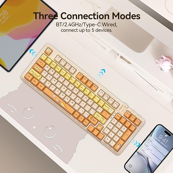 AUSDOM 98Pro Wireless Mechanical Keyboard Tri-Mode Bluetooth/2.4GHz/USB-C Gasket Hot Swappable Custom Gaming Keyboard with Backlit PBT Keycaps Linear Switches for Windows/Mac/PC (Yellow Cat Theme)