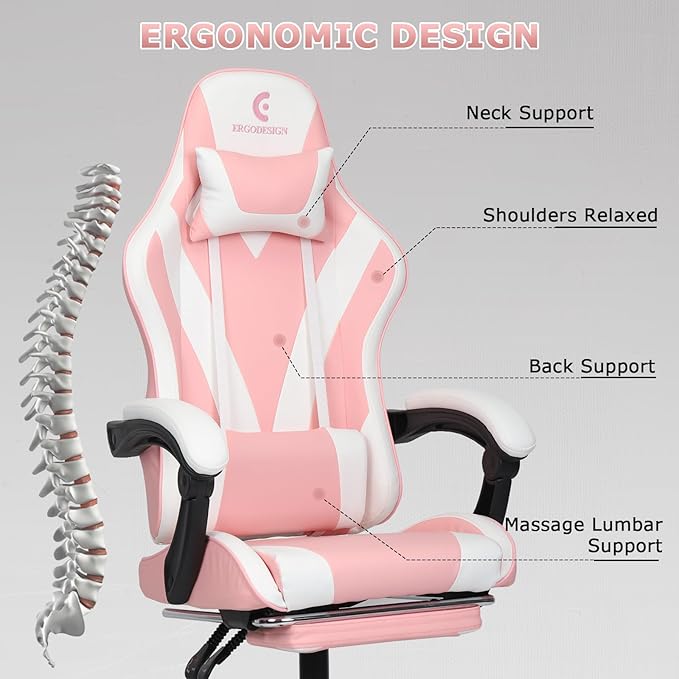 Gaming Chair with Linkage Armrest &amp Footrest High Back Video Gaming Chair Pink/White